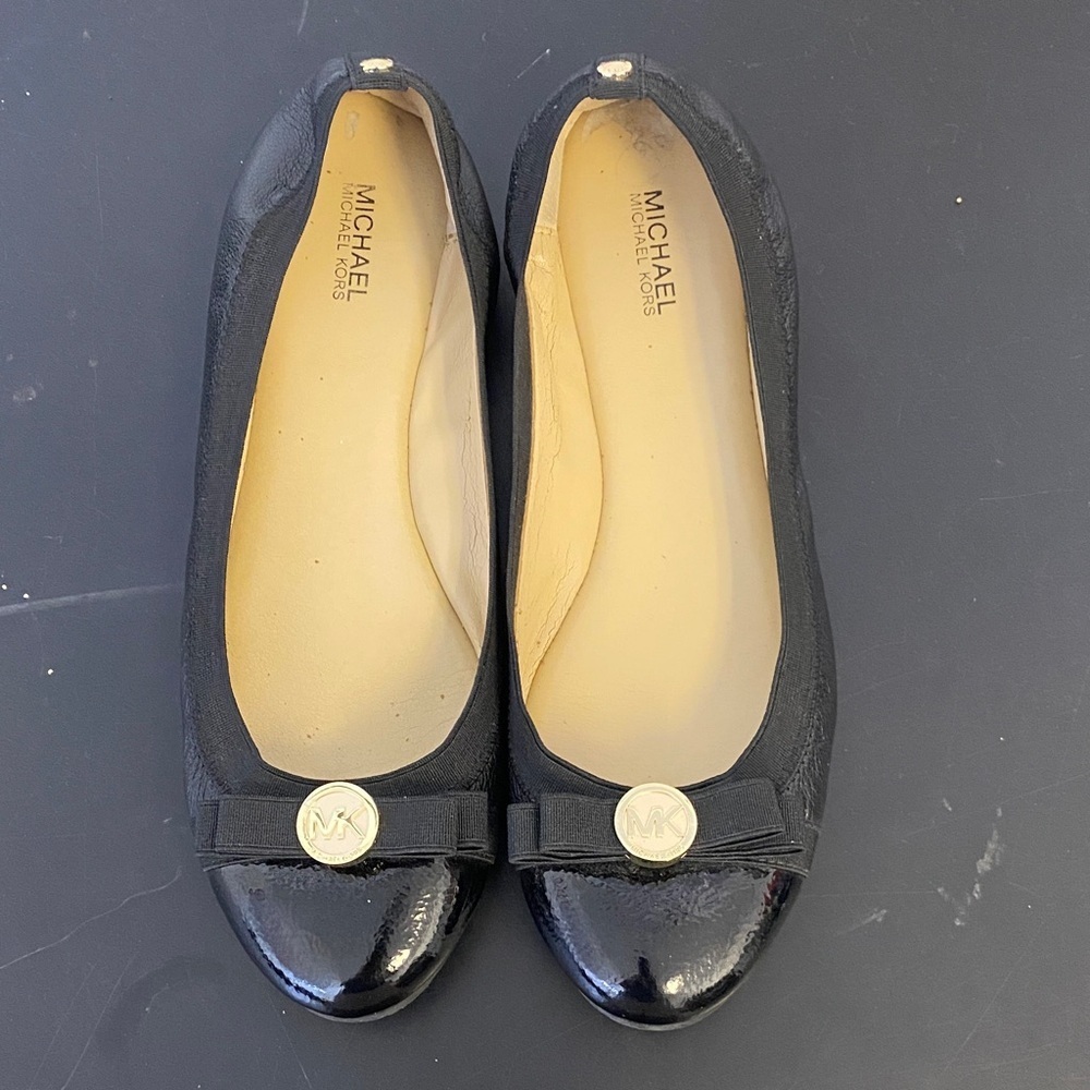 Michael Kors Black Patent Flats with Gold Accents